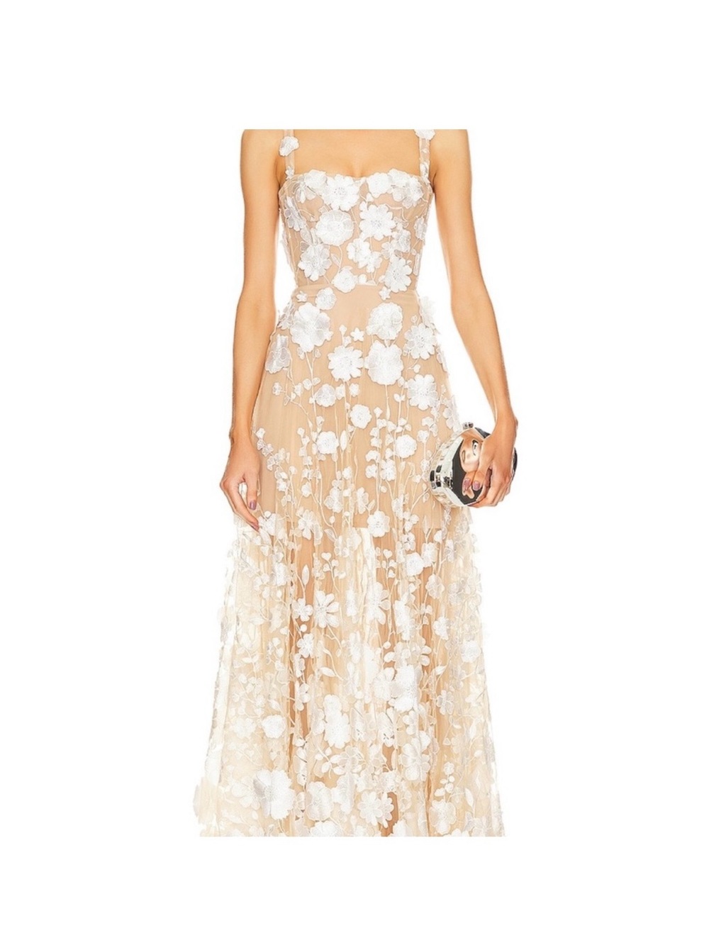 Nude and White Floral Appliqué Evening Dress